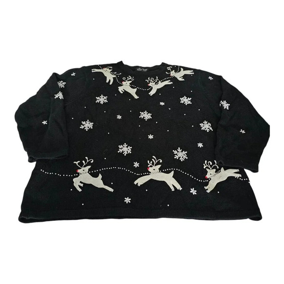 VTG Reference Point Petite Sz 2X Christmas Sweater Black Pullover with Reindeer - Picture 4 of 8